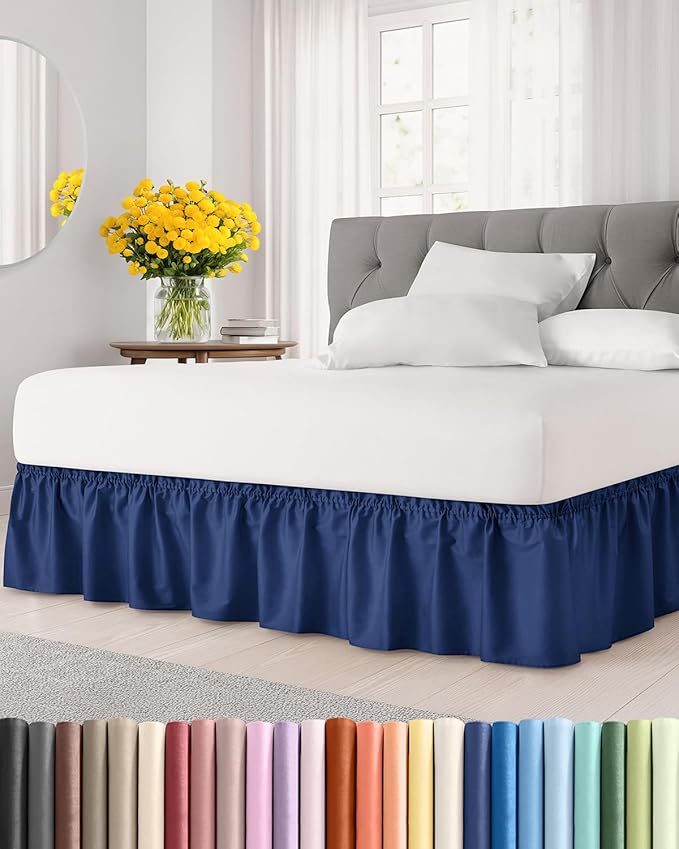 Wrap Around Dust Ruffle Bed Skirt - Navy Blue - Twin/Twin XL Size Beds with 15 Inch Drop - Elastic Strap - Adjustable Pleated Bedskirt with Brushed Fabric and Wrinkle Free - Women, Men, Kids & Teens