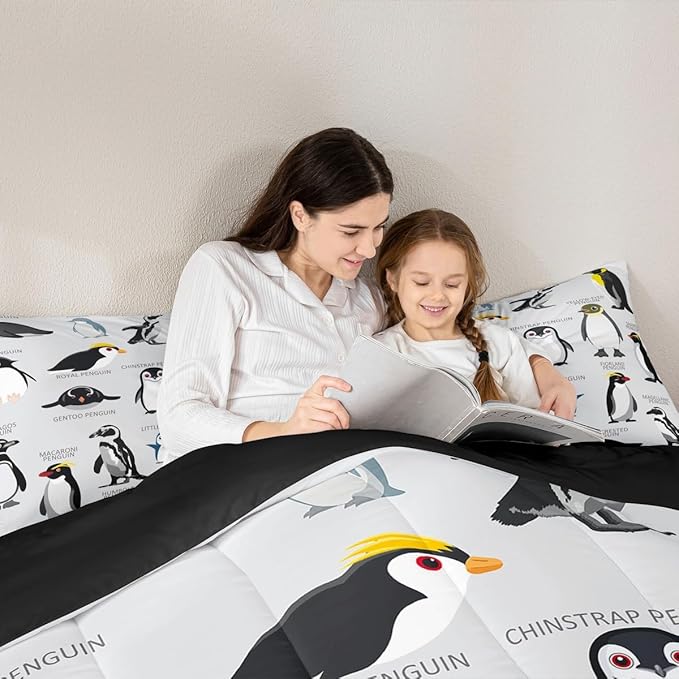 Erosebridal Penguin Comforter Set Full Size,Black White Penguins Bedding Set Cute Animal Down Comforter for Kids Boys Girls Teens,Wildlife Grey Bedding Quilted Sets with 2 Pillow Cases Bedroom Decor