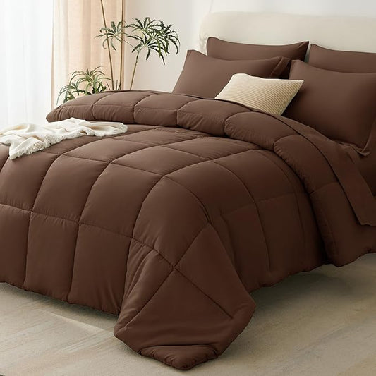 CozyLux King Size Comforter Set Brown - 7 Pieces Bed in a Bag King, Okeo-Tex Certifited Bedding Set, All Season Soft Bed Set with Down Alternative Comforter, Sheets, Pillowcases & Pillow Shams