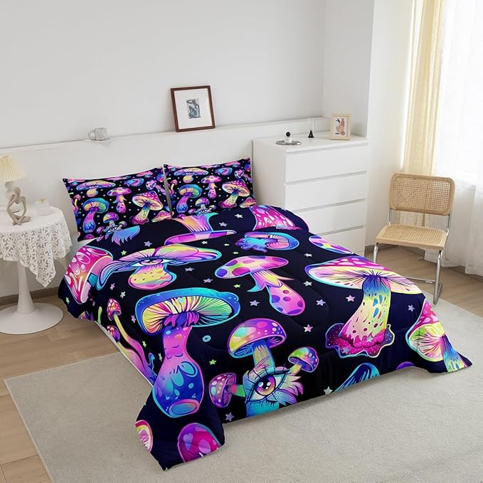 Mushroom Comforter Set Full,Kawaii Trippy Botanical Bedding Set Psychedelic Plant Down Comforter For Kids Girls Teens Women Cartoon Cute Mushroom Room Decor Quilt Duvet Set With 2 Pillow Cases Black