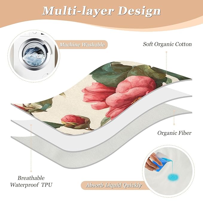 Waterproof Bed Pad Reusable Changing Pad Toddler Mattress Protector Large Pee Pad Baby Diaper Pad Soft Washable Liner Vintag Camellias Red