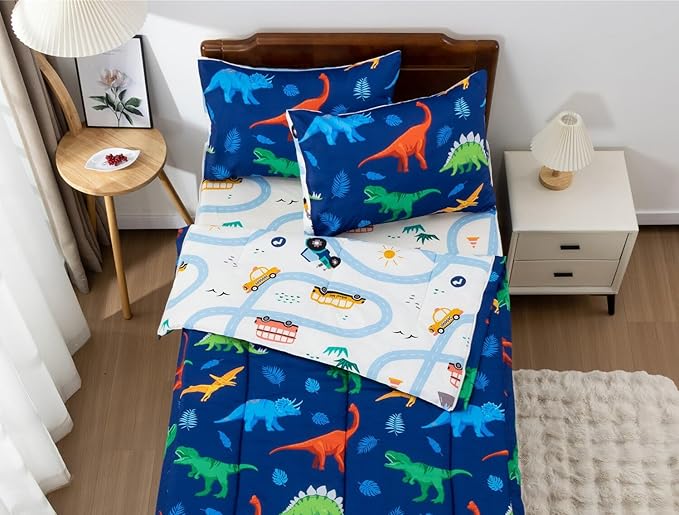 Meeting Story 3pcs Kids Comforter Sets Zipper Bedding Set for Boys,Twin Kid Bedding Set Dinosaur Leaves Comforter for Kid,All in one Zipper Bedding（Dark Blue,Twin）