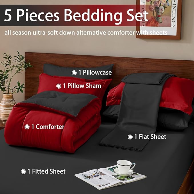 FUANNA Twin Comforter Set 5 Pieces, Reversible Twin Size Bed in a Bag with All Season Premium Comforter, Bed Sets Includes Comforter, Flat Sheet, Fitted Sheet, Pillowcase & Pillow Sham, Red & Black
