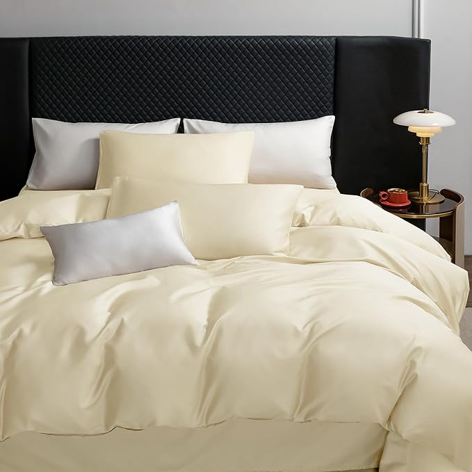 MooMee Duvet Cover Set 100% Extra Long Staple Cotton 600 Thread Count Silky Sateen Smooth Luxury Soft Breathable Durable Hotel Quality Bedding, 3 Pieces (Butter Yellow, Queen 90"x90")