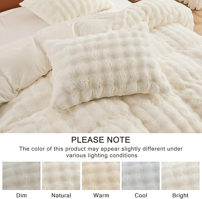 EMME Faux Fur Duvet Cover King Size, 3 Pieces Ultra Soft Fluffy Comforter Cover, Cozy Warm for Winter, Luxury Elegant Shaggy Bubble Design Bedding, 1 Duvet Cover & 2 Pillow Shams (King, Cream White)