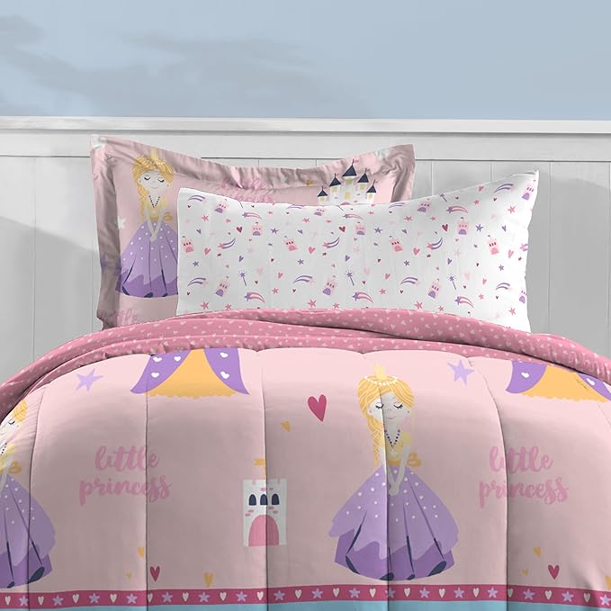 Dream Factory Kids 7-Piece Complete Bed Set Easy-Wash Super Soft Microfiber Comforter Bedding, Full, Pink Little Princess