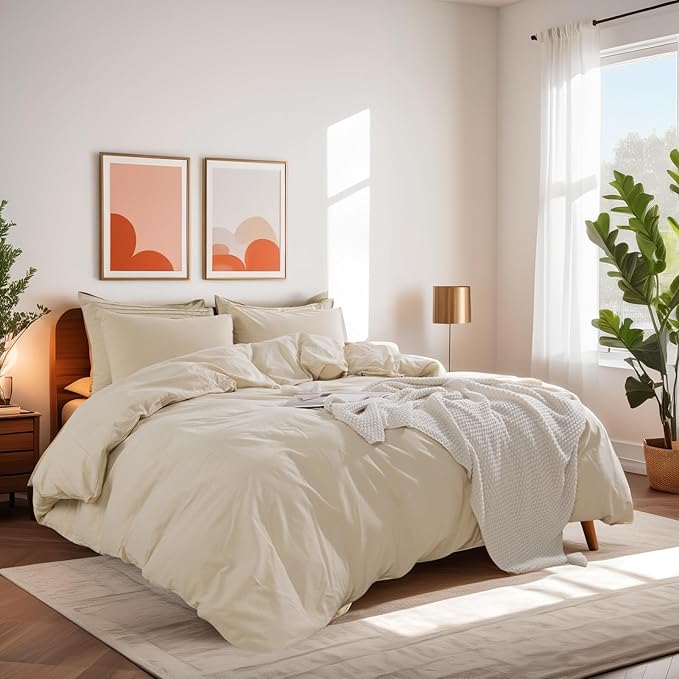 NEXHOME PRO Cotton Duvet Cover Oversized Queen 98"x98" Linen Look Textured Organic Natural 100% Washed Cotton Duvet Cover 3 Pieces Bedding Set Zipper Closure, Breathable (No Comforter)