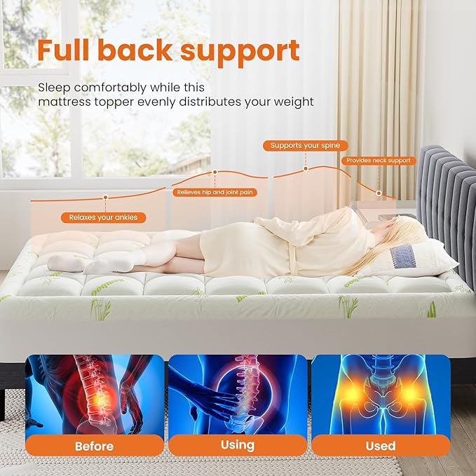 NEWBULIG Queen Mattress Topper Viscose Derived from Bamboo, Thick Pillow Top Mattress Pad with Stretchable Pockets, Soft Mattress Topper for Back Pain Relief