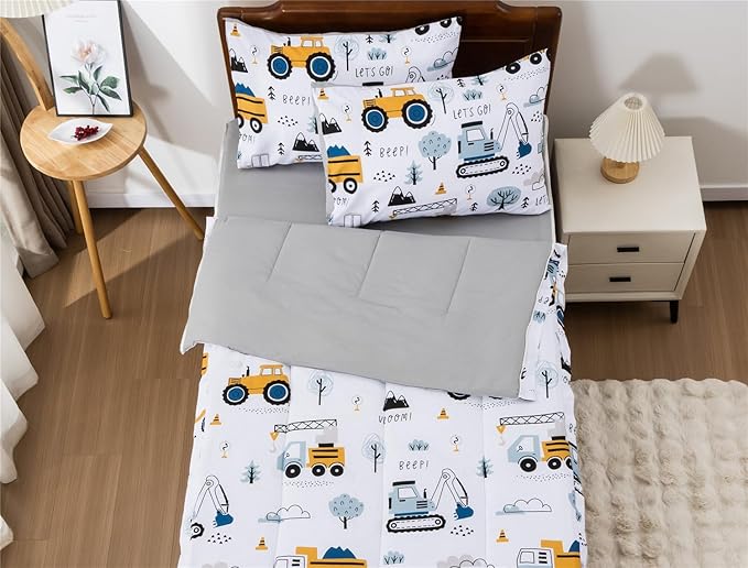 Meeting Story 3pcs Kids Comforter Sets Zipper Bedding Set for Boys,Twin Kid Bedding Set Car Comforter Construction Bedding for Kid,All in one Zipper Bedding（White,Twin）
