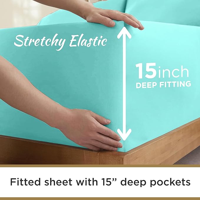 Full XL 100% Microfiber Double Brushed Sheet Set - Extra-Soft, Breathable & Wrinkle-Free - 15" Deep Pockets, 54" x 80" - Ideal for Extra Long Full Beds - 4PC Set (Full XL, Aqua Blue)
