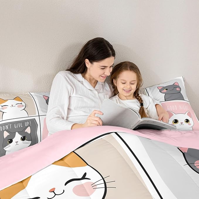 Erosebridal Kawaii Cats Comforter Set Queen,Pink Grey Cute Little Cat Down Comforter Adorable Kitten Animal Bedding Set For Kids Boys Girls Patchwork Cartoon Doodle Quilt Duvet Set With 2 Pillow Cases