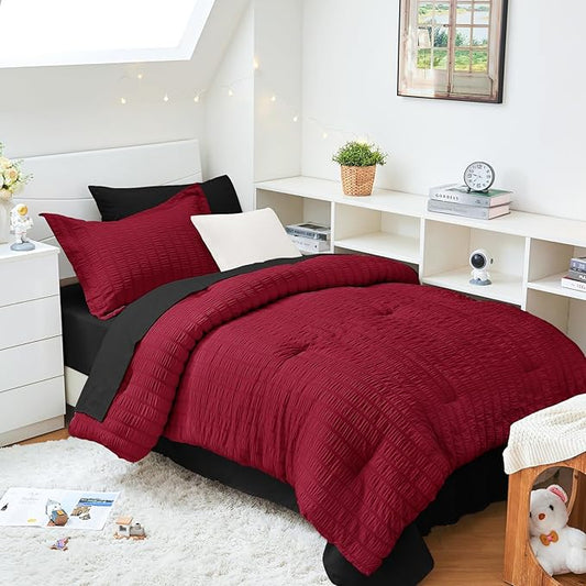 HYMOKEGE Red & Black Twin XL Comforter Set Seersucker 5 Pieces, All Season Luxury Bed in a Bag for Bedroom, Bedding Set with Comforter, Sheets, Pillowcase & Sham