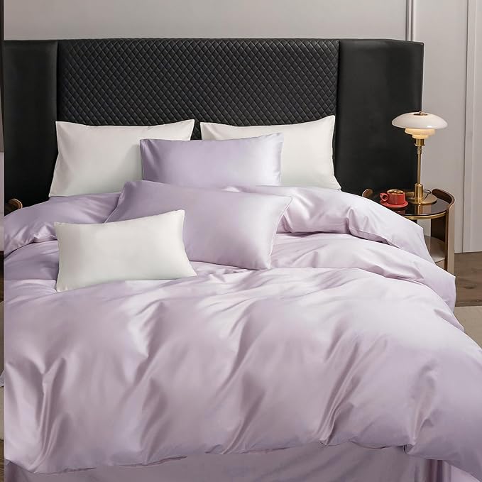MooMee Duvet Cover Set 100% Extra Long Staple Cotton 600 Thread Count Silky Sateen Smooth Luxury Soft Breathable Durable Hotel Quality Bedding, 3 Pieces (Pastel Purple, Queen 90"x90")