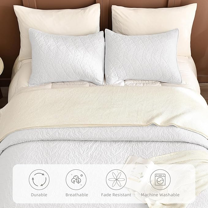 Lady Ann White Oversized King Quilt 120x120, Leaves Pattern Printed Oversized King Bedspreads for Bed, Lightweight & Soft Farmhouse Coverlets All Season Extra Large 3 Pcs Quilted Bedding Sets