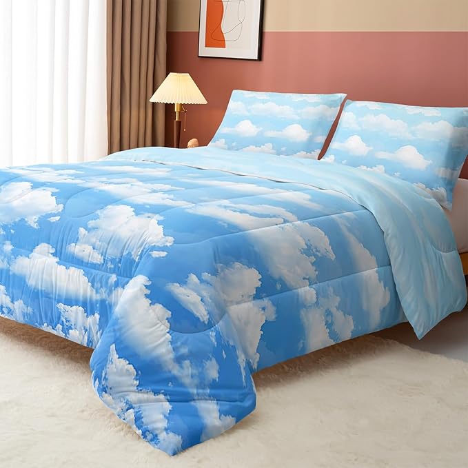 Axolotl Blue Cloud Comforter Set Full,Light Blue Bedding Set,Cloud Sky Comforter Set Blue Sky and White Clouds Design Bedding Set,Sky Blue Comforter for Kids Girls Boys Teens,1 Quilt 2 Pillowcases