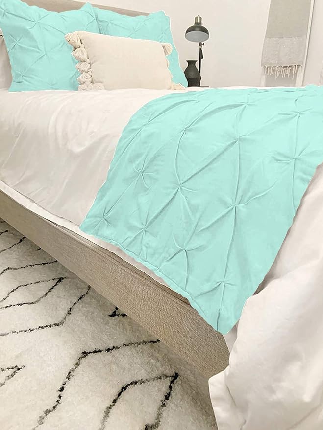 Bed Runner Set - 100% Pure Cotton 800 Thread Count - Luxury 1 Pinch Pleated Bed Runner and 2 Pillow Cover - 3 Piece Pinch Pleated Bed Runner Set Twin, Aqua