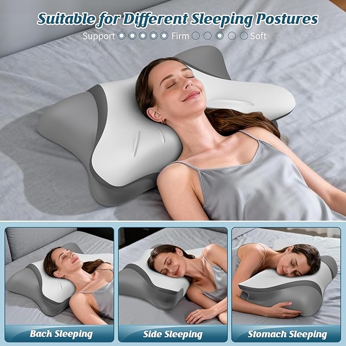 Cervical Neck Pillow for Pain Relief, Bed Pillows for Sleeping, Ergonomic Cooling Pillow, Orthopedic Contour Pillow for Side Back Stomach Sleepers,Neck Support Memory Foam Pillows (Grey&Darkgrey)