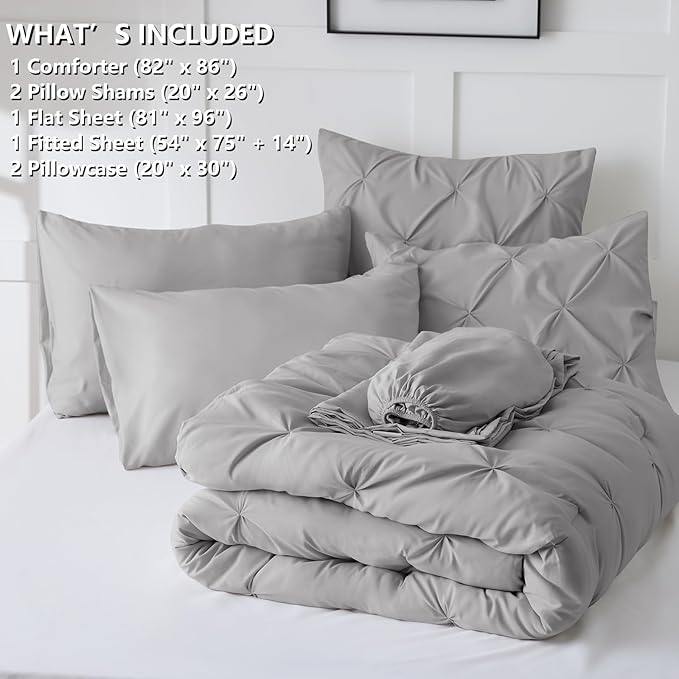 Full Comforter Set Light Grey, 7 Pieces Pintuck Bed in A Bag Full Size Bedding, Soft Bed Set All Season Pinch Pleat Comforter Set with Sheets, Pillowcases & Shams