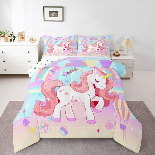 Erosebridal Unicorn Full Bedding Sets for Girls Cute Rainbow Unicorn Comforter Set Bedroom Decor for Girls Kids Horse Duvet Set Ombre Bedding Stars Magical Animal Down Comforter Reverse 3Pcs
