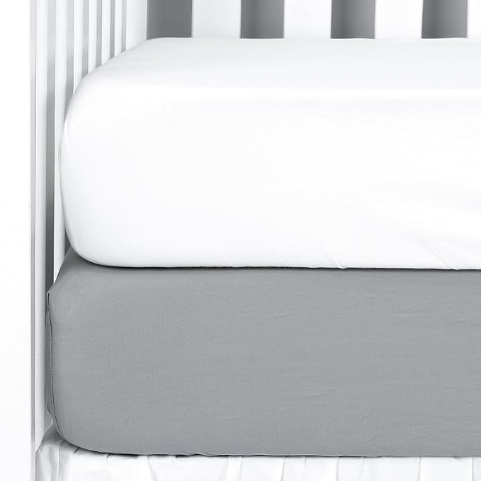 TILLYOU Fitted Crib Sheets - 100% Cotton Fitted Sheets for Standard Crib Mattress, Toddler Bed Mattress Fitted Sheets 2 Pack, Machine Washable, 28x52, White&Charcoal Gray