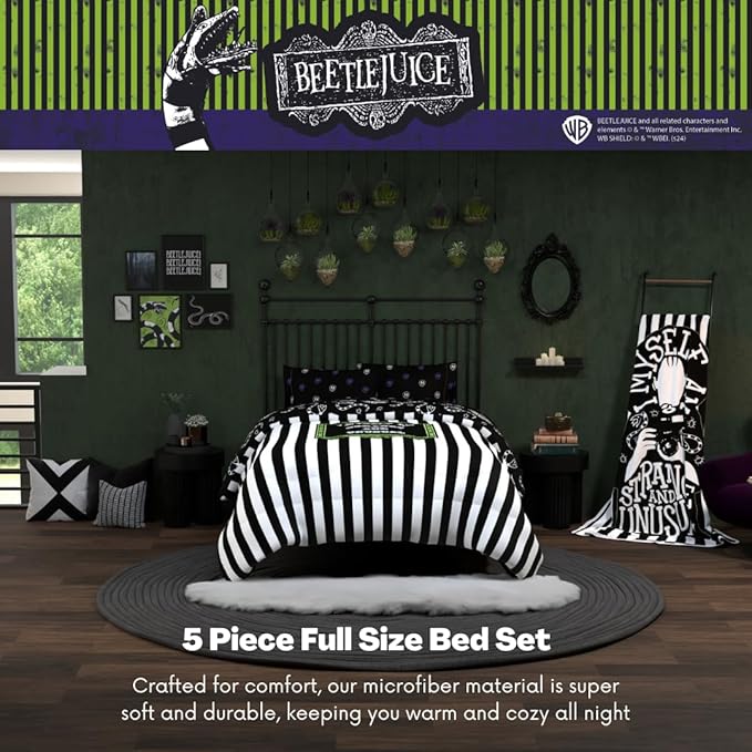 Franco Collectibles Beetlejuice Halloween Striped Bedding 5 Piece Super Soft Reversible Comforter and Sheet Set, Full, (Officially Licensed Product)