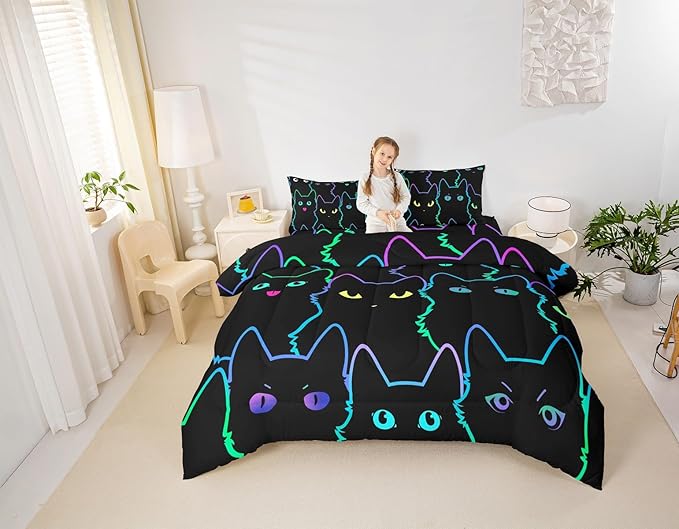 Erosebridal Teen Girl Bedding Full Size Cute Cat Kids Comforter Set Rainbow Line Cats Bedding Sets for Girls Boys Cartoon Kawaii Animal Quilt Set Reversible Black All Season,2 Pillow Cases