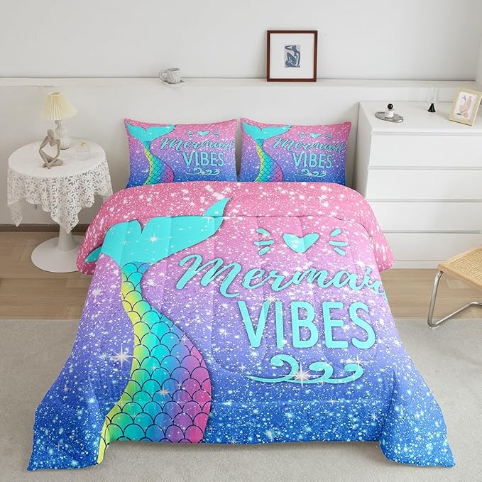 Girls Mermaid Tail Comforter Set Queen Kawaii Coastal Fish Scales Bedding Set Glitter Star Galaxy Comforter Blue Pink Pastel Ombre Set Princess Bed Set Ocean Animal Quilt Duvet 2 Pillowcases Teal