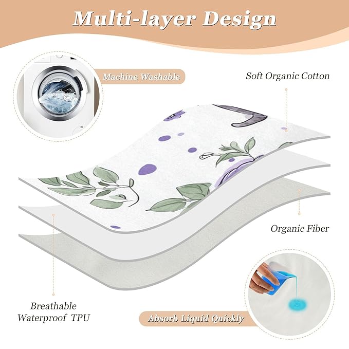 Waterproof Bed Pad Reusable Changing Pad Toddler Mattress Protector Large Pee Pad Baby Diaper Pad Soft Washable Liner Purple Roses and Cute Cats