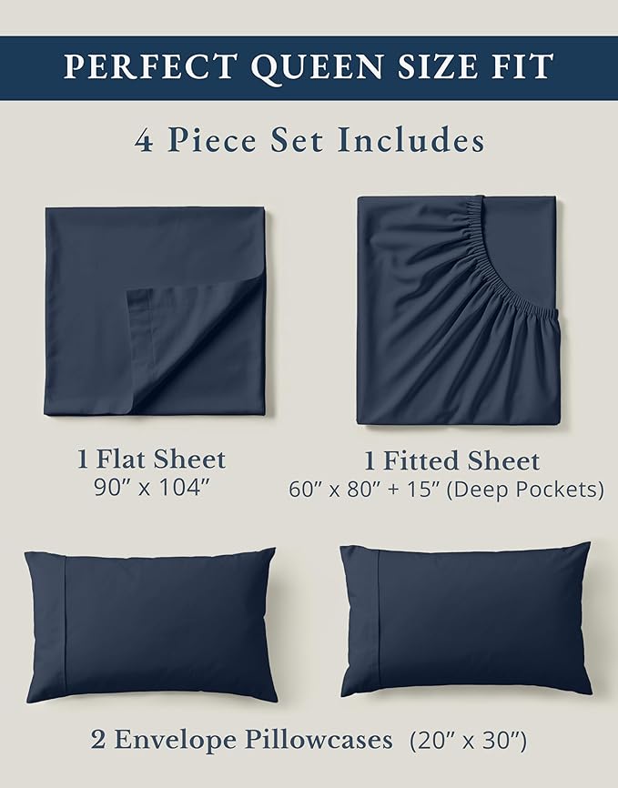 LANE LINEN Eco Friendly 100% Organic Cotton Bed Sheets Queen Size, Soft & Comfy Percale Weave, Fully Elasticized Mercerized Naturally Cooling Cotton Sheets Queen Size Set- Navy
