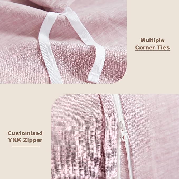 DAPU Pure Linen Duvet Cover Set, 100% Yarn-Dyed French Linen, Breathable and Durable for Hot Sleepers, 1 Duvet Cover and 2 Pillowcases (Smokey Pink, King)