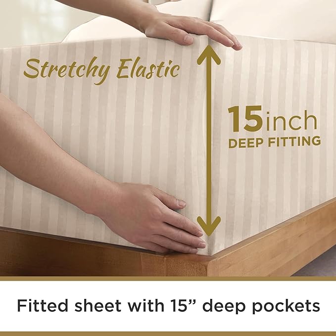 Twin XL 100% Microfiber Double Brushed Sheet Set - Extra-Soft & Wrinkle-Free - 15" Deep Pockets, 39" x 80" - Ideal for Dorms, Hospitals & Split King Beds - 3 PC Set (Twin XL, Damask Ivory Stripe)