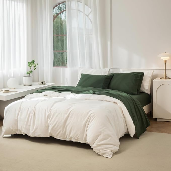 JIYUAN 100% Washed Cotton Sheet Set 4 Pieces Full,1 Fitted Sheet,1 Flat Sheet and 2 Pillowcases,Comfy and Breathable Linen Like Bedding Set,Forest Green