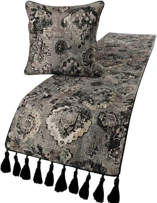 The HomeCentric Decorative Black & Grey Full 68 x 18 inch Bed Runner with Pillow Cover Set, Velvet Damask with Tassels Bed Scarf, Abstract Modern - Paved Damask