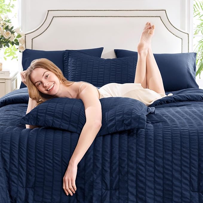 CozyLux Full Size Comforter Sets with Sheets Seersucker 7 Pieces Navy Blue Bed in a Bag Textured Luxury Soft Bedding Set with Down Alternative Comforter, Sheets, Pillowcases & Shams for All Seasons