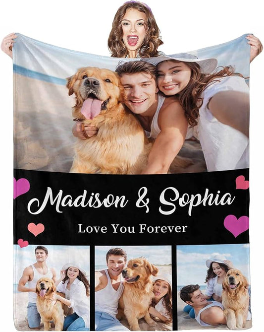 Costume Blanket with Pictures, 4 Photos Blanket Customized Personalized Photo Blanket for Valentines,Boyfriend,Dad,Mom,Friends,New Year,Birthday, 8 Sizes