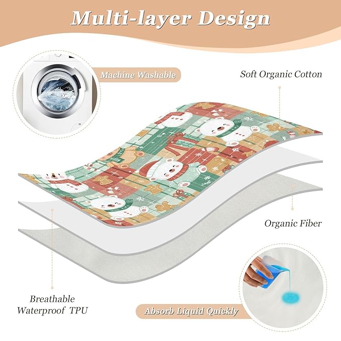 Waterproof Bed Pad Reusable Changing Pad Toddler Mattress Protector Large Pee Pad Baby Diaper Pad Soft Washable Liner Red Green Santa Grid Christmas