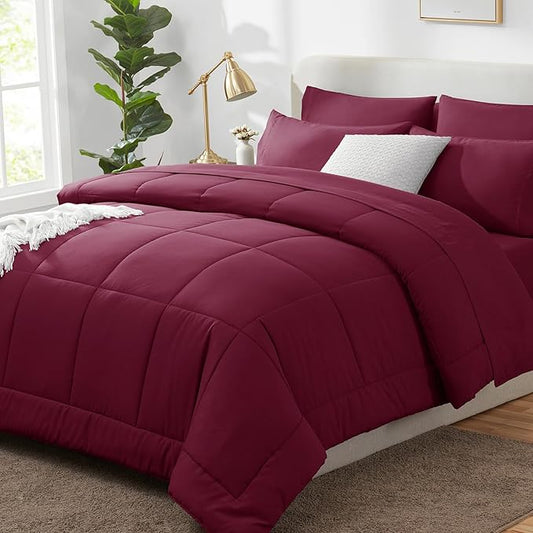 CozyLux Full Size Comforter Sets Burgundy, 7 Pieces Bed in a Bag, Red Comforter Full Size, All Season Bedding Sets with Stitch Quilted Comforter, Flat Sheet, Fitted Sheet, Pillowcases