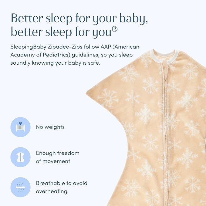 SleepingBaby Zipadee-Zip Transition Swaddle - Cozy Fleece Wearable Blanket with Two-Way Zipper for Baby Sleep - Snowflakes, Small (4-8 Month)