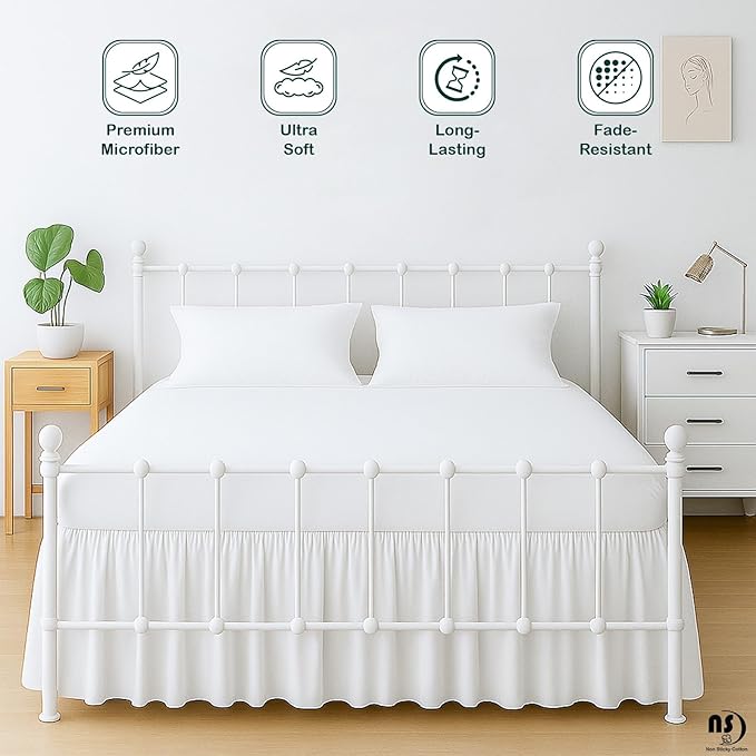 Premium Microfiber King Ruffled Bed Skirt, 18” Drop with Split Corners, Soft Wrinkle Free Bedskirt with Platform, Solid White Dust Ruffle for 78" x 80" Mattress