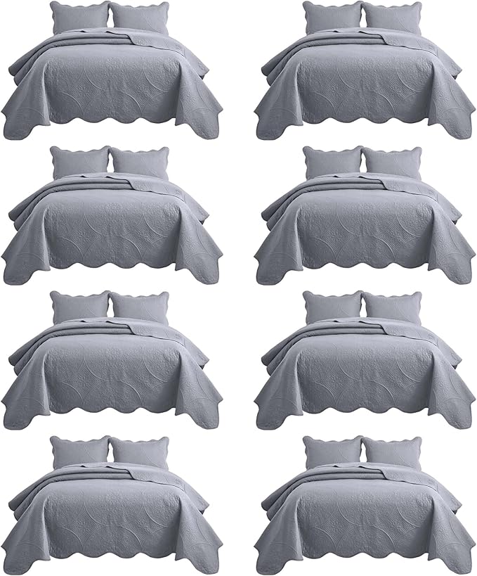 IR Imperial Rooms 8 Pack California King Quilt Bedding Set (118"x106") - Bulk Wholesale for Hotels, Guest Bedroom & Airbnbs - Microfiber Reversible Floral Embossed Quilts Bedspreads (Silver)