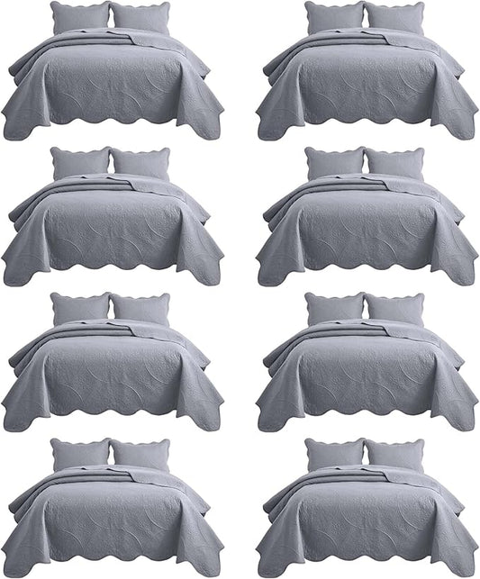 IR Imperial Rooms 8 Pack California King Quilt Bedding Set (118"x106") - Bulk Wholesale for Hotels, Guest Bedroom & Airbnbs - Microfiber Reversible Floral Embossed Quilts Bedspreads (Silver)