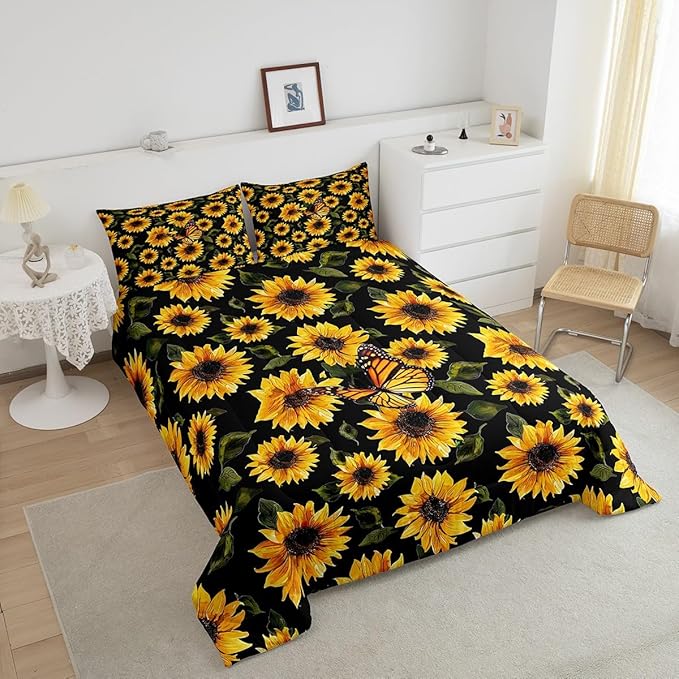 Feelyou Sunflower Bedding Set Girls Yellow Floral Butterfly Comforter Chic Flowers Pattern Comforter Set for Kids Teens Botanical Nature Duvet Set Ultra Soft Room Decor Twin Size