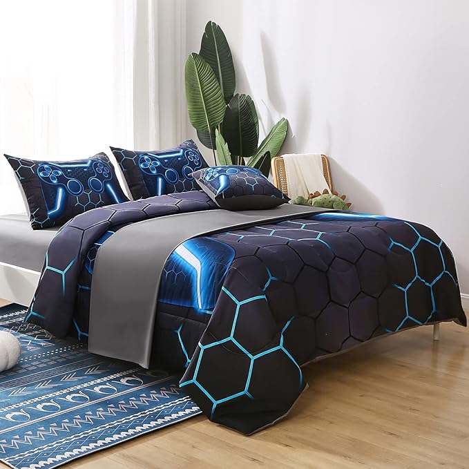 JQinHome Twin Gamer Comforter Set for Boys,6 Piece Bed in A Bag 3D Video Game Bedding -All Season Soft Microfiber Down Alternative Comforter Gamer Bedding Sets for Kids