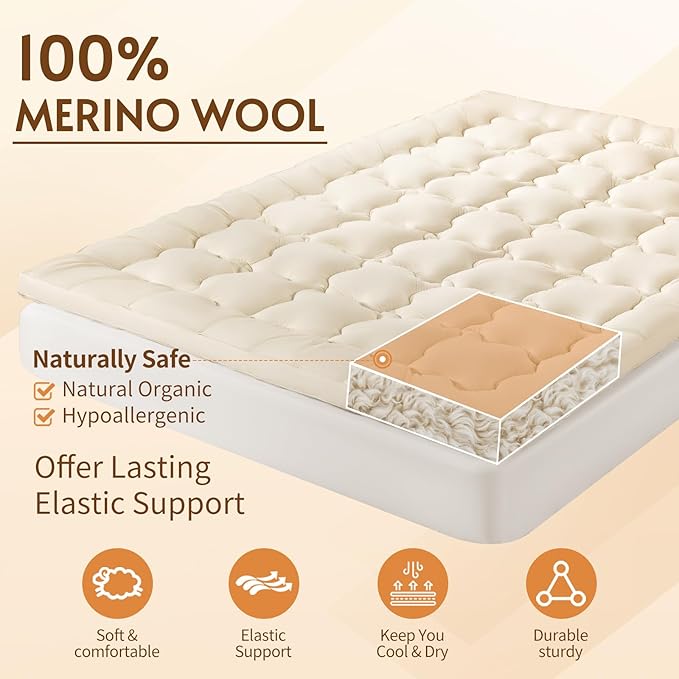 Luxury 100% Organic Wool Mattress Topper Made from Australian Merino,Extra Thick Pillow Top Mattress Pad with 100% Cotton Cover, Fuffy Mattress Cover (Beige, King(78"x80"))