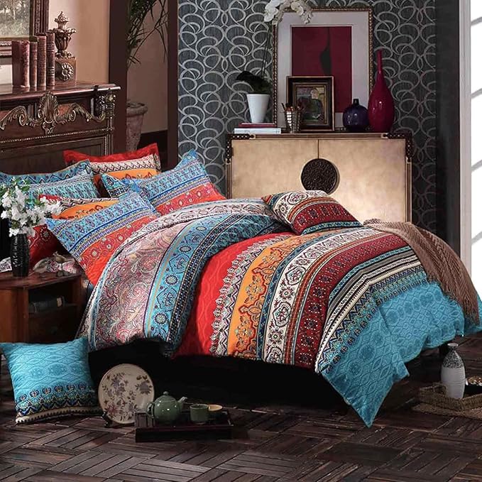 Nanko Twin XL Size Duvet Cover Set Boho Red Blue Colorful Retro Striped Print Luxury Soft Microfiber Bedding Comforter Cover with Zipper Ties - Bohemian Western Bed Sets for Men and Women 2pcs 68 x 90