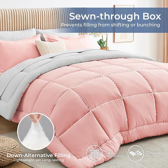 Sasttie California King Comforter Set, 7 Pieces Reversible Cal King Bed in a Bag, Complete Bedding Set Includes Comforter, Flat Sheet, Fitted Sheet, Pillowcases and Pillow Shams, Pink & Light Grey