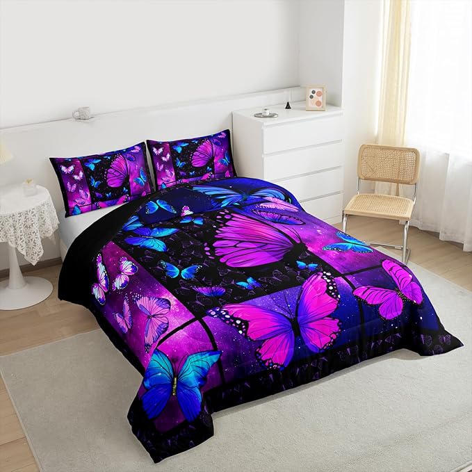 Erosebridal Butterfly Comforter Set Starry Sky Galaxy Comforter Blue Purple Butterfly Bedding Queen for Women Teen Girls, Aesthetic Quilt Duvet Set 2 Pillow Cases