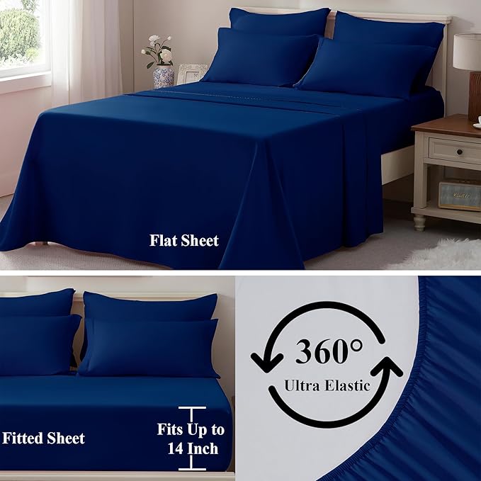 ELNIDO QUEEN® Full Size Comforter Set - 7 Pieces Navy Bed in a Bag Full, Bed Set All Seasons, Soft Bedding Sets with Dark Blue Comforter, Flat Sheet, Fitted Sheet, Pillowcases and Pillow Shams