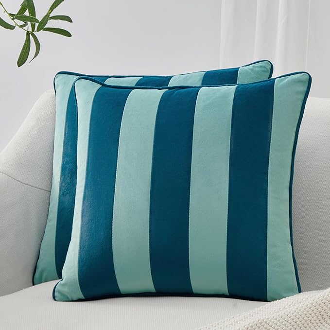 MONDAY MOOSE Decorative Throw Pillow Covers Cushion Cases, Set of 2 Soft Velvet Striped Piping Edge Designs, Pillow Inserts Not Included (22x22 inch, Blue/Light Blue)