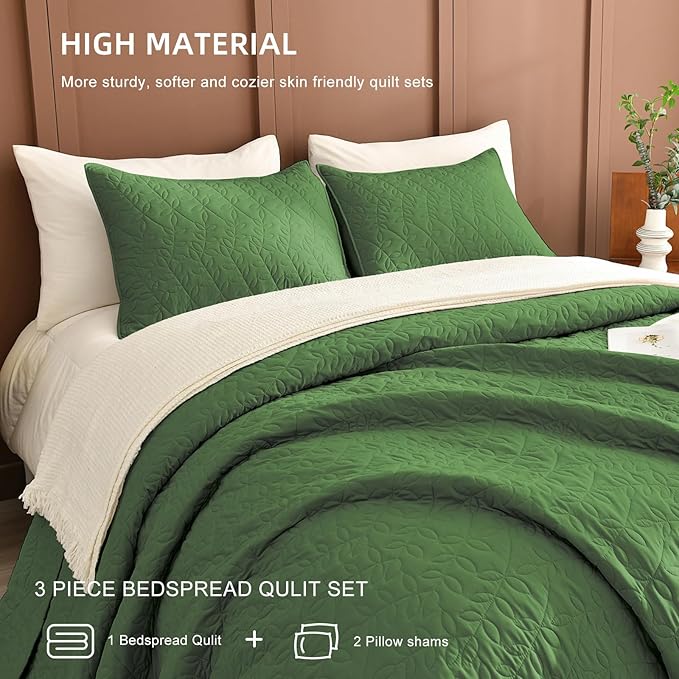 Lady Ann Olive Green Oversized King Bedspread 128x120, 3 Pcs Leaves Pattern Printed Oversized King Quilt Set for Extra Large Bed, Lightweight & Soft Farmhouse Bedspreads & Coverlets